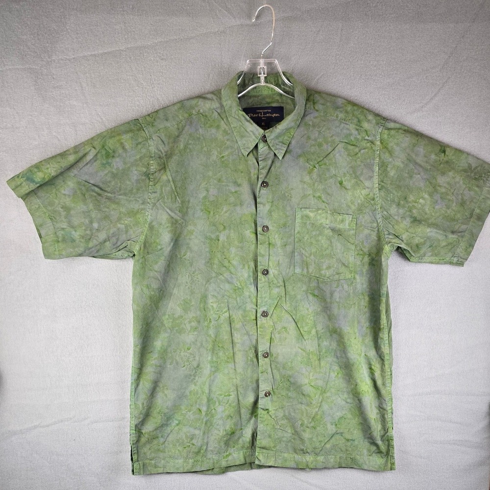 Pete Huntington Bali Men's Shirt XL Green Mottled Tie Dye Button Down Boho
